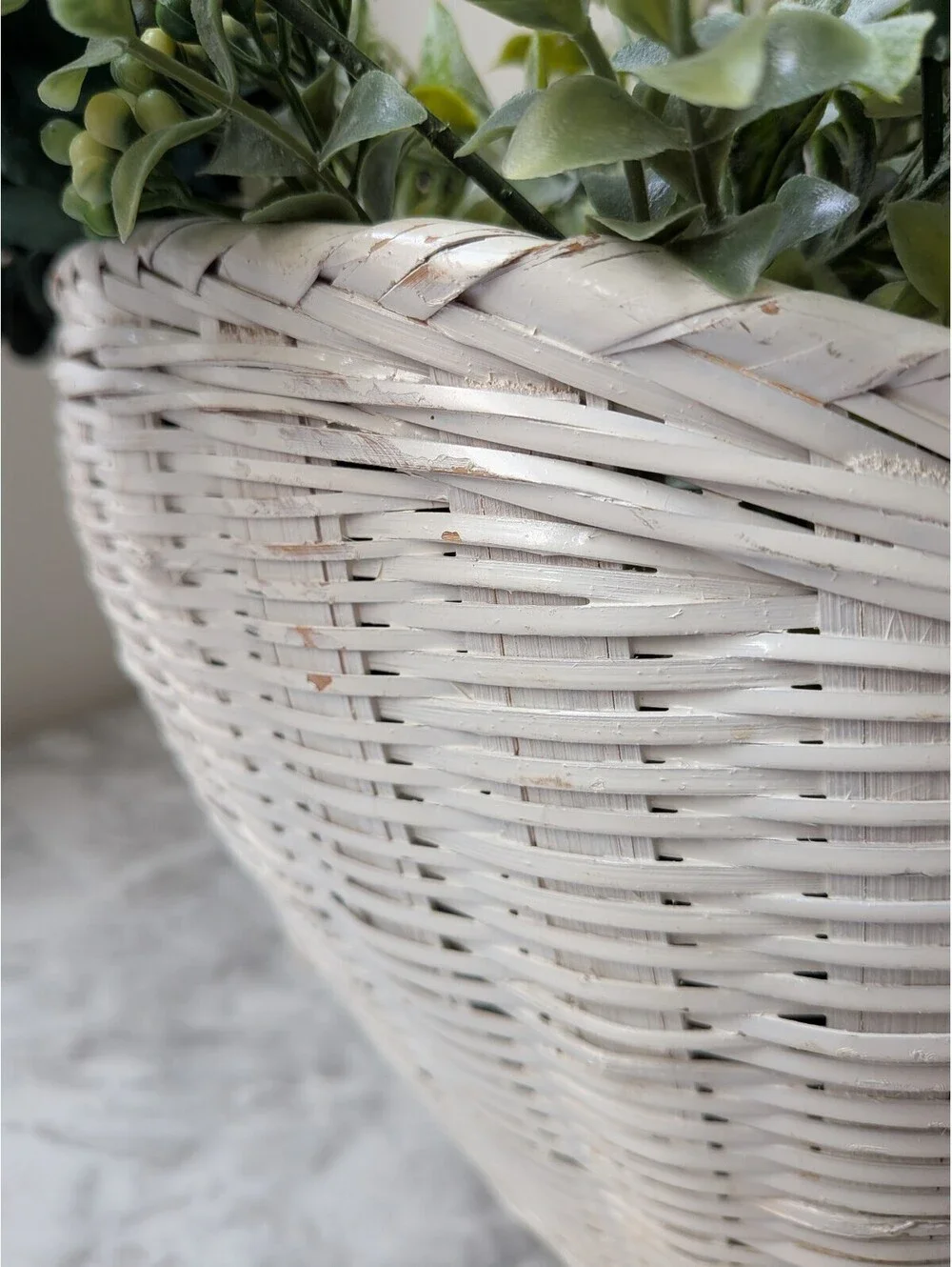 Vintage double-hooped arched handle white-washed basket picnic flower gathering